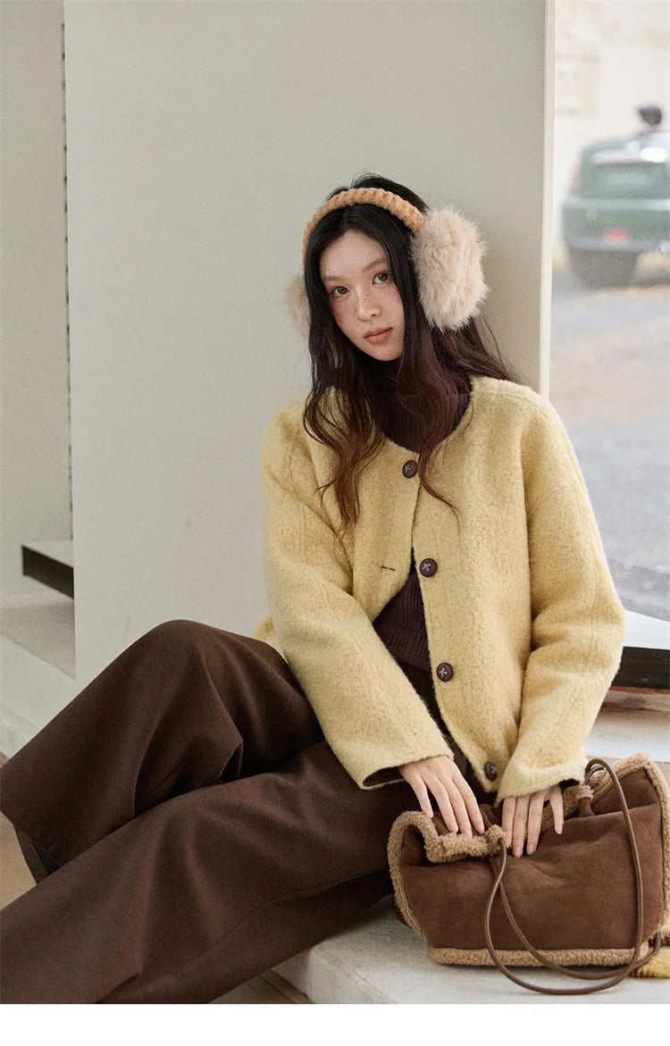 MISHOW Brown Wool Quilted Coat Round Neck Short Loose MXE87W0935