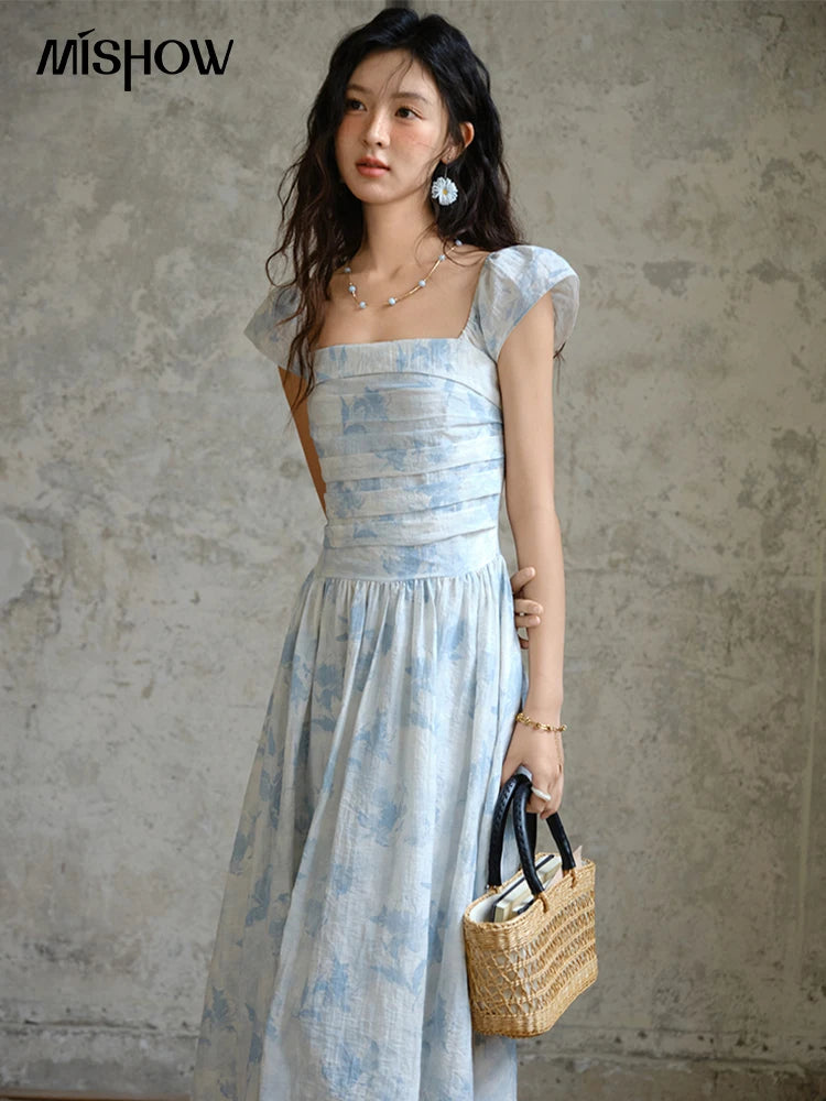 Mishow Square Neck Flying Sleeve Print Dress MXE35L2274