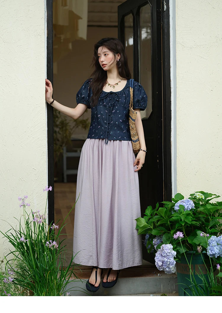 MISHOW Puff Sleeve Square Neck Blouse Lace Up Print Denim MXE39X1933