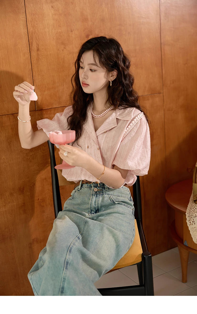 MISHOW Retro Pink Short Sleeve Shirt Ruffled Edge MXD29C0273