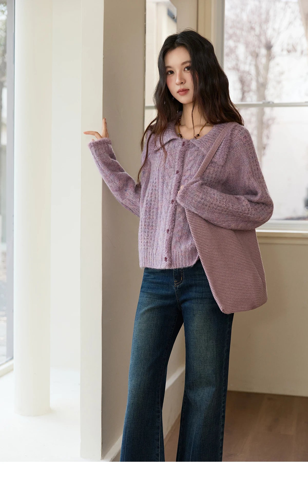 Mishow Purple Turn-Down Collar Imitation Mink Cardigan MXE88Z2616