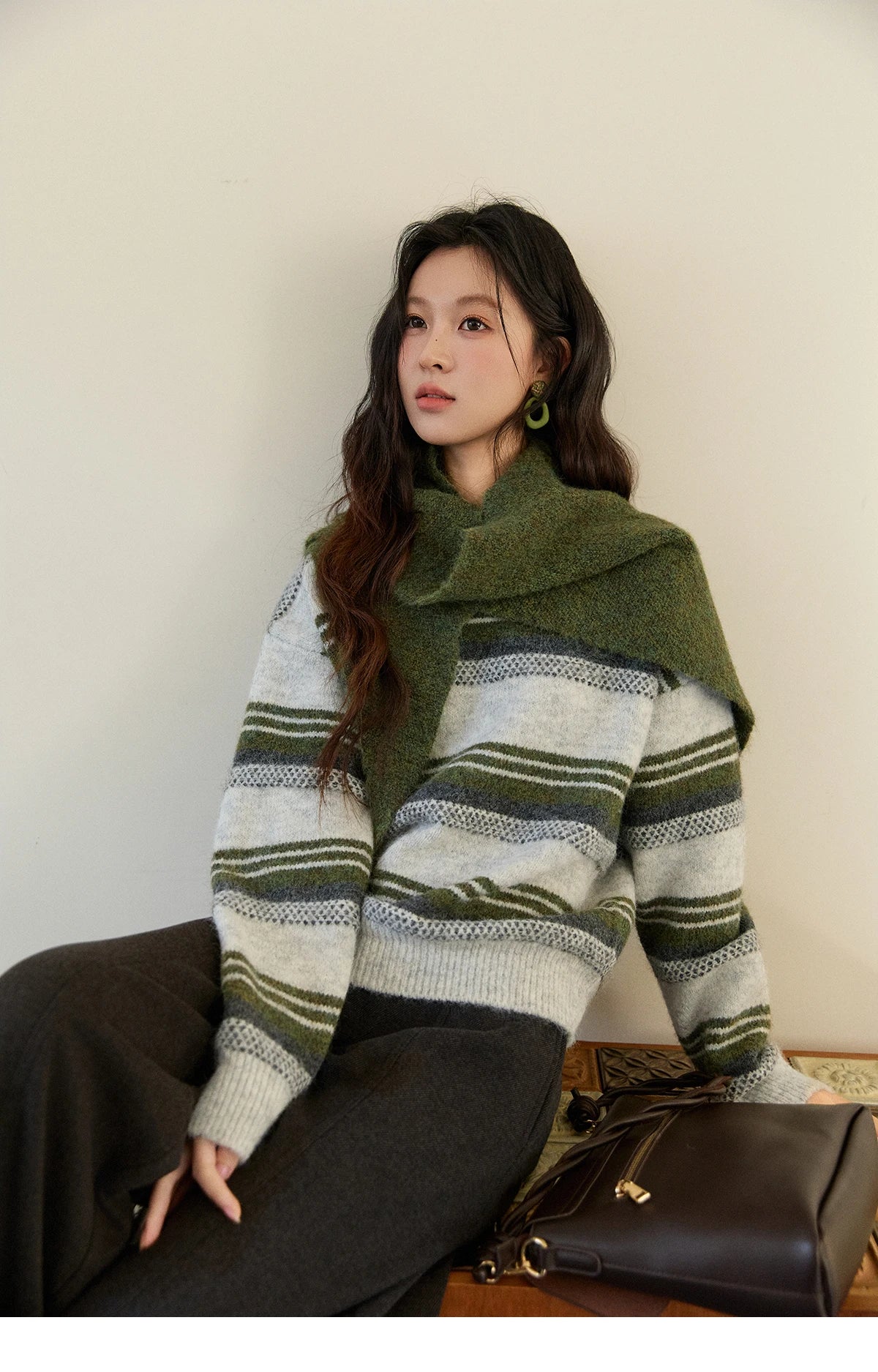 Mishow Wool Blend Retro Striped Sweater with Scarf MXE94Z2987