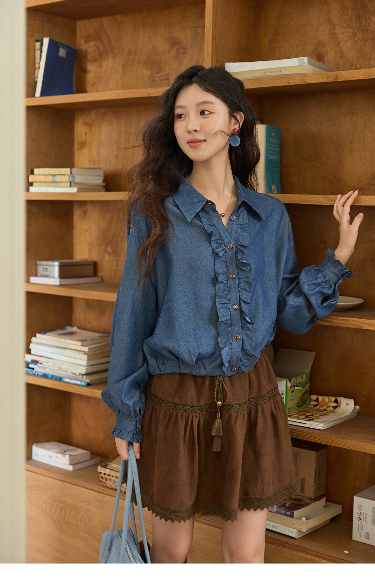 MISHOW Blue Lyocell Denim Shirt Ruffled Placket Waist Cinc MXE43C2386