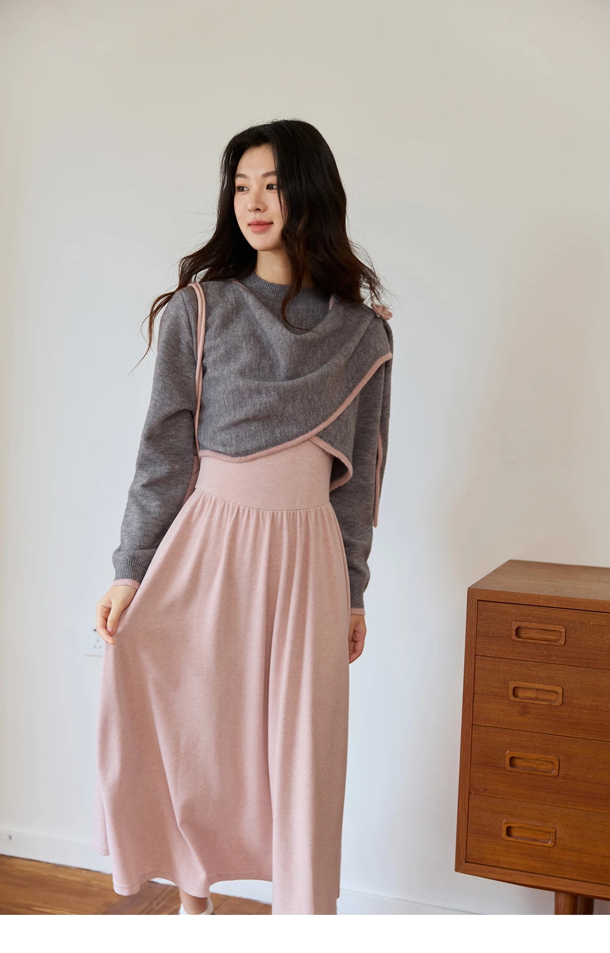 Mishow Pink Irregular Round Neck Top & Suspender Dress Set MXE49T1397