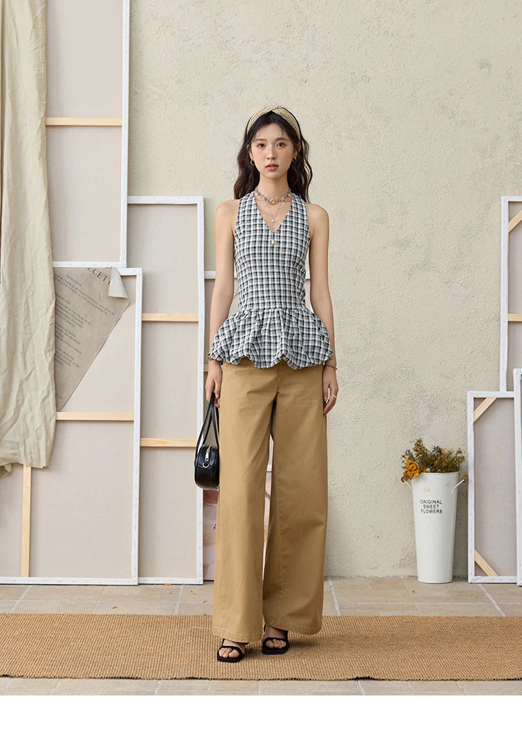 MISHOW Cotton Khaki Lace Patchwork Wide Leg Pants High Waist MXE34K0925