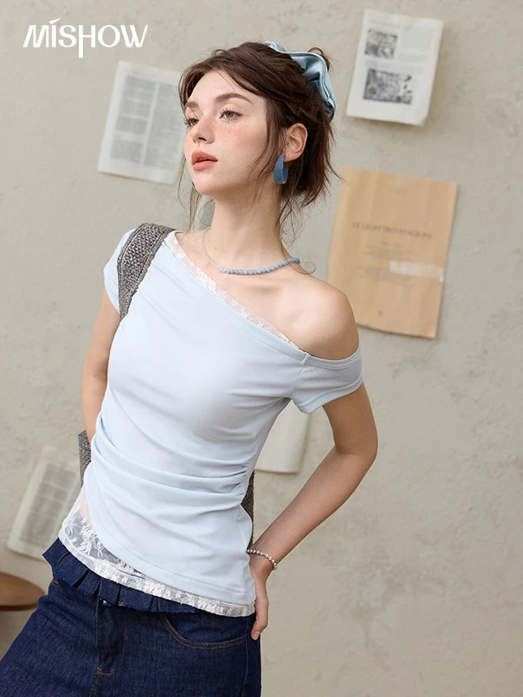 Mishow Skew Collar Off-Shoulder Lace Tee MXE31T0503
