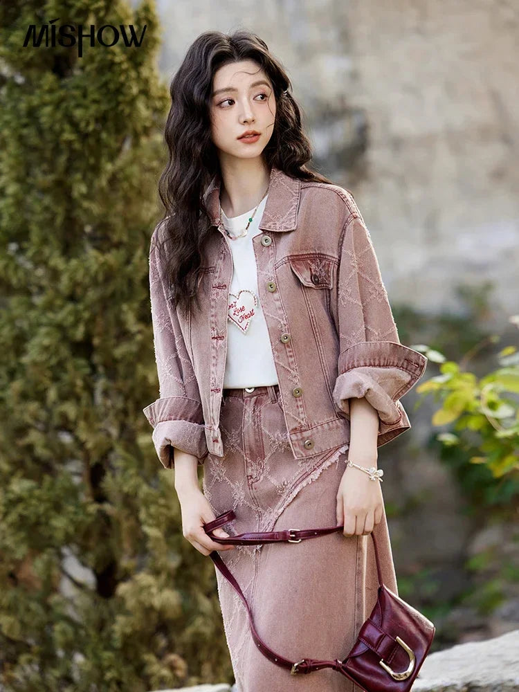 Mishow Cowboy Thick Jacquard Jacket & Mid Long Skirt Set MXE14W0754
