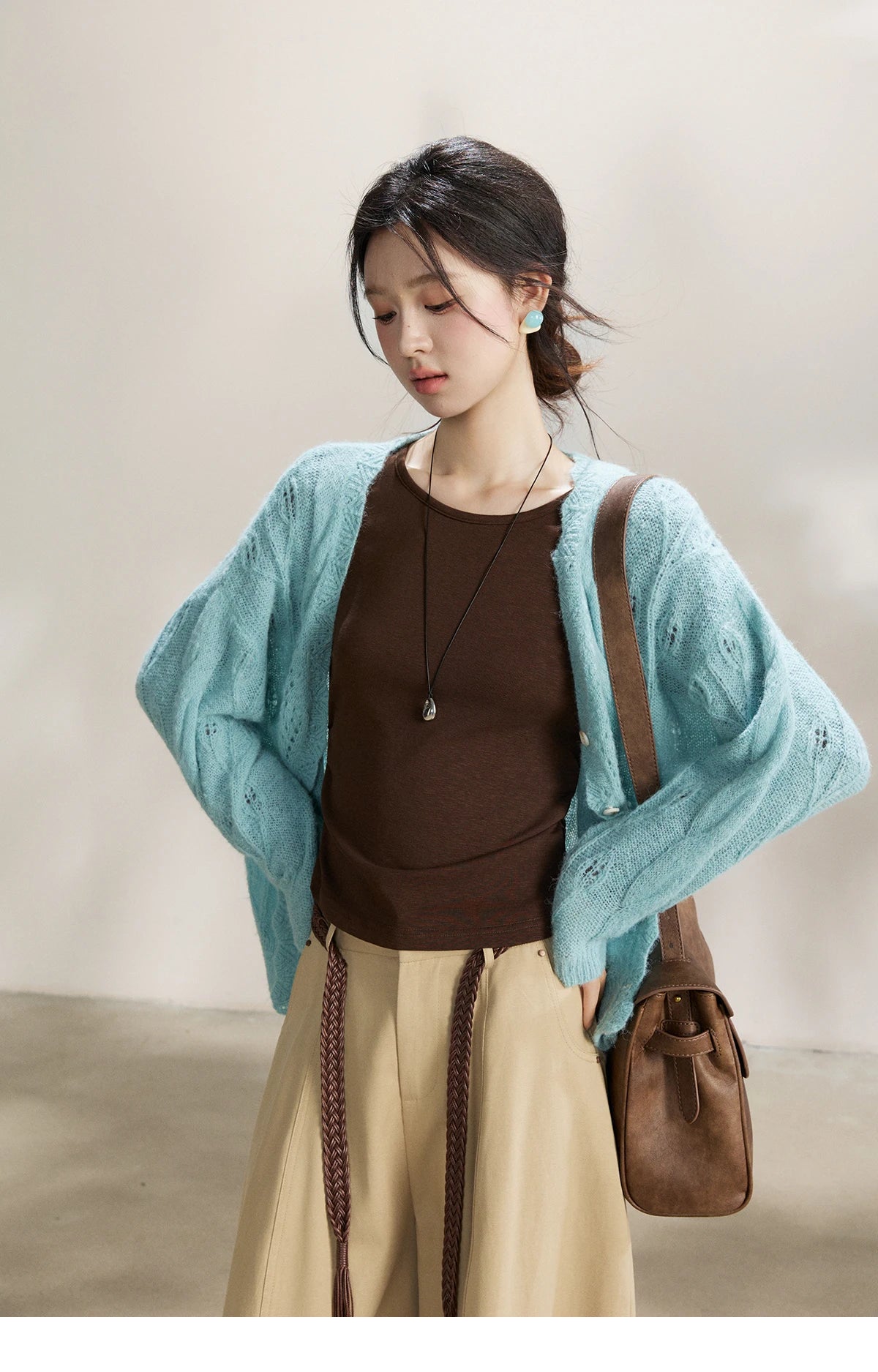 Mishow Blue Hollow Out V-Neck Wool Cardigan MXF13Z2975