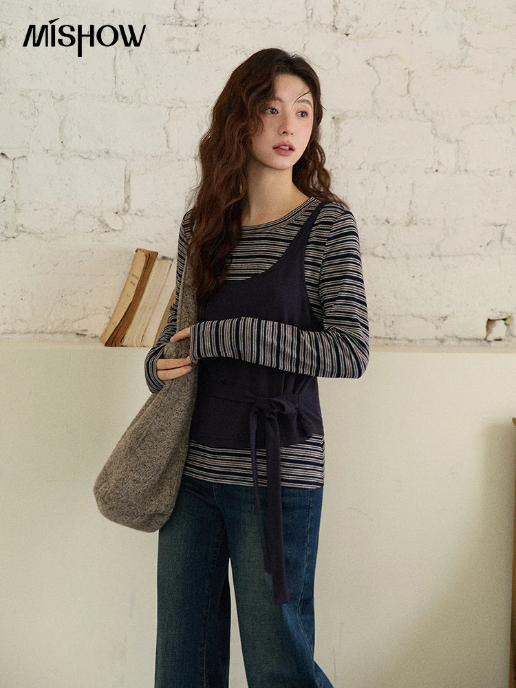 Mishow Striped Top & Tie-Waist Camisole Set MXE87T1430