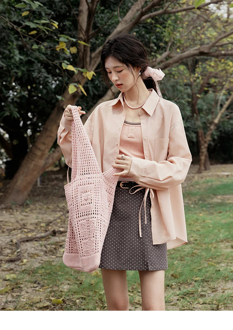 MISHOW Pink Long Sleeve Shirt Lace Bow Tie MXE16C0767