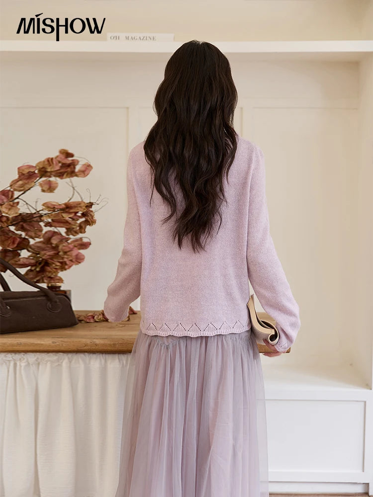 Mishow Beige V-Neck Wood Ear Hollow Sweater MXE51Z2595