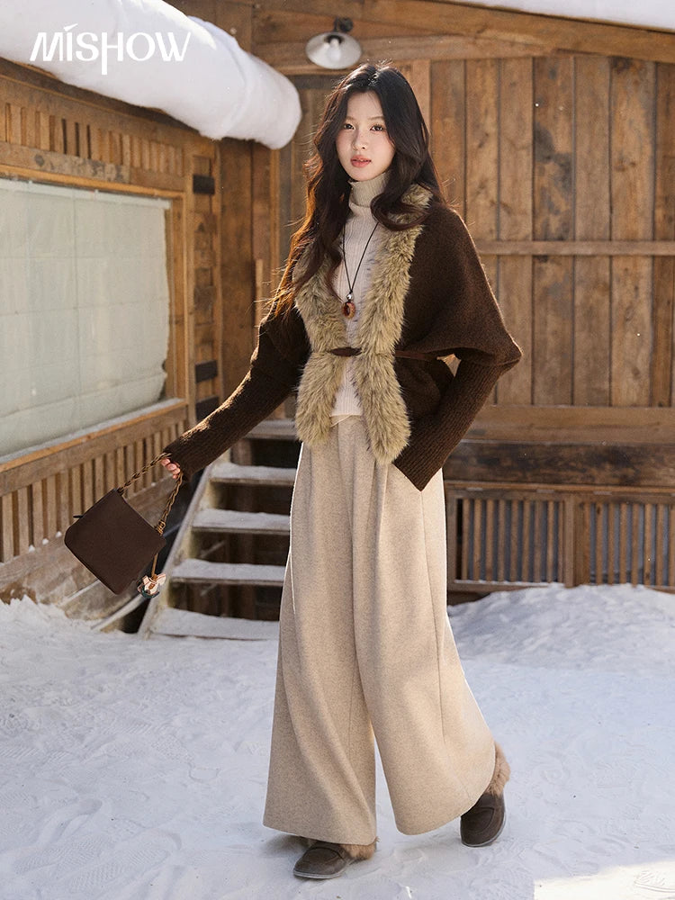 MISHOW Brown Knitted Cardigan Faux Fur Collar Batwing Sleeve MXE94Z2954
