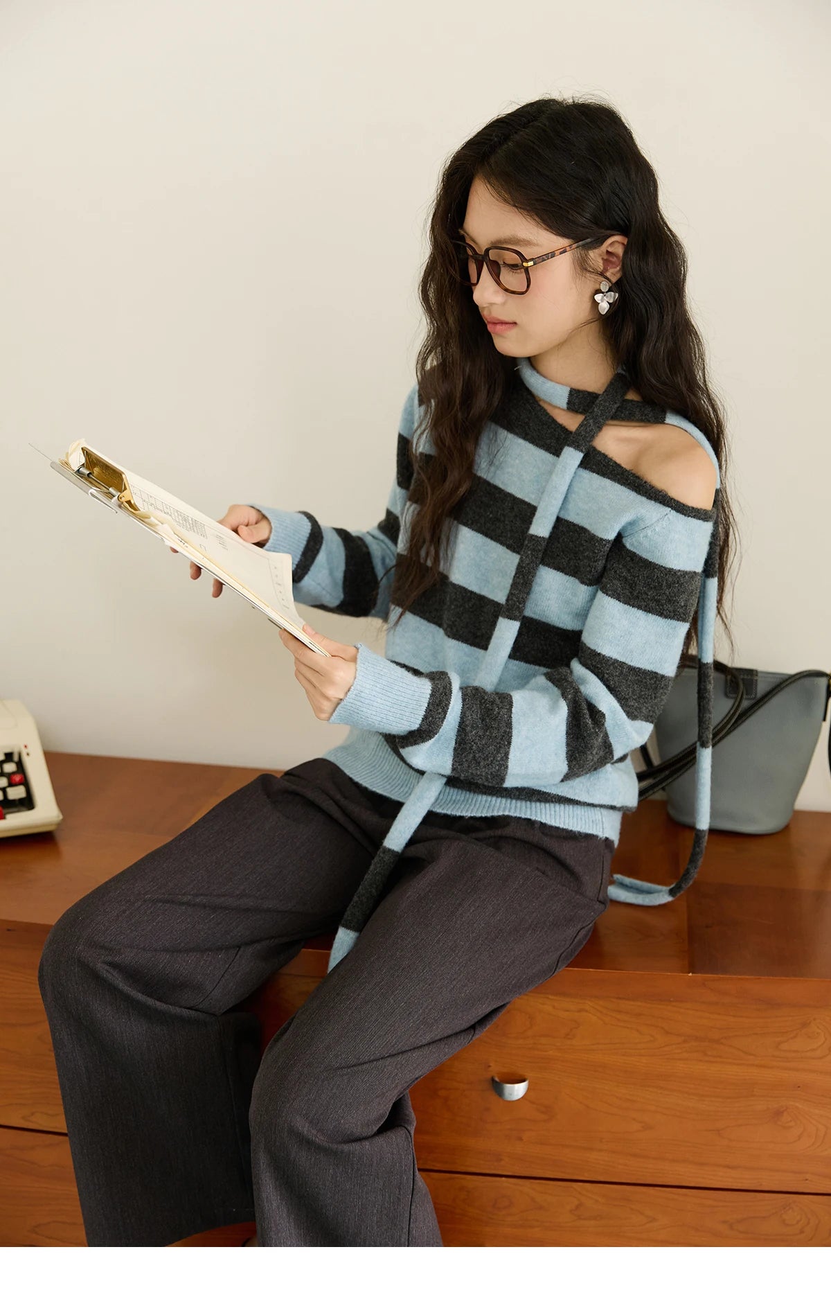 Mishow Blue Gray Slanted Shoulder Ribbon Sweater MXE46Z2540