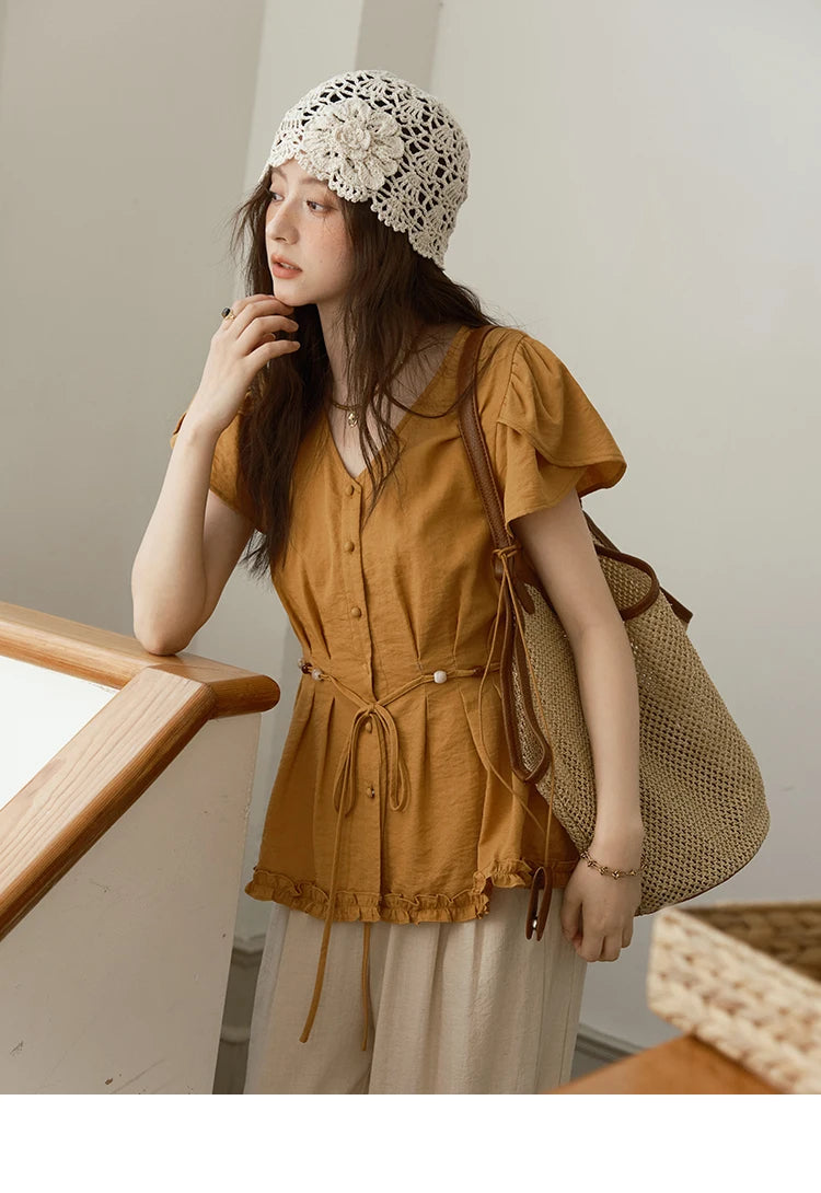 MISHOW Petal Sleeve Slim Shirt V-Neck Bead Belt MXE39X1881