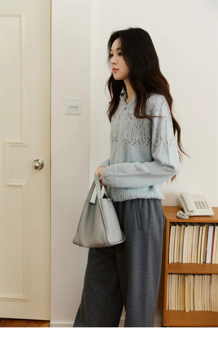 Mishow Blue Hooded Hollow Knit Zipper Cardigan MXE46Z2584