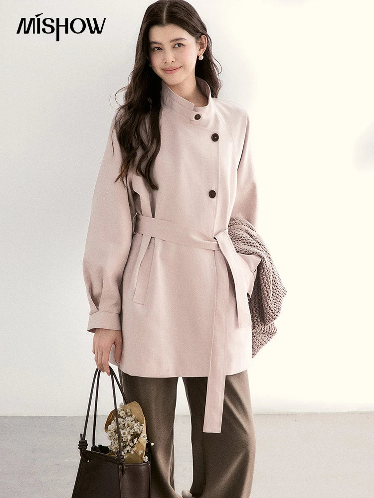 Mishow Dusty Pink Stand Collar Belted Trench MXF108W1002