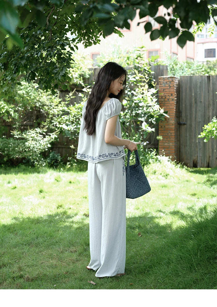 Mishow Embroidery Flower Round Neck Blouse & Pocket Wide Leg Pants Set MXE39T0669