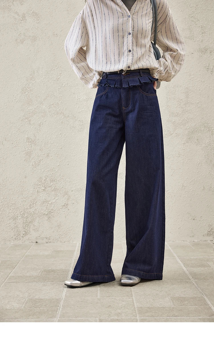 Mishow Stitching Ruffle High Waist Wide Leg Jeans MXE16K0907