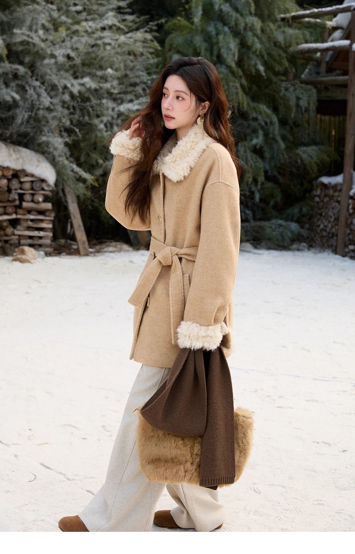 Mishow Thick Wool Blend Belted Patchwork Coat MXE92W0997