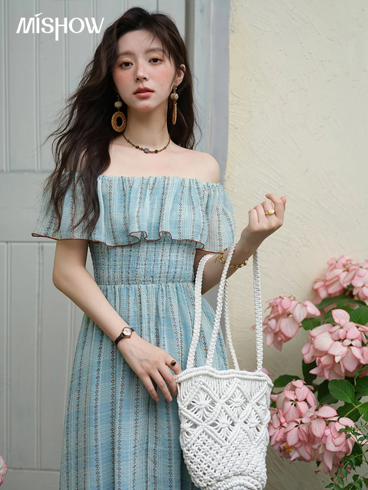 Mishow French Slash Neck Striped Chiffon Dress MXE39L2380