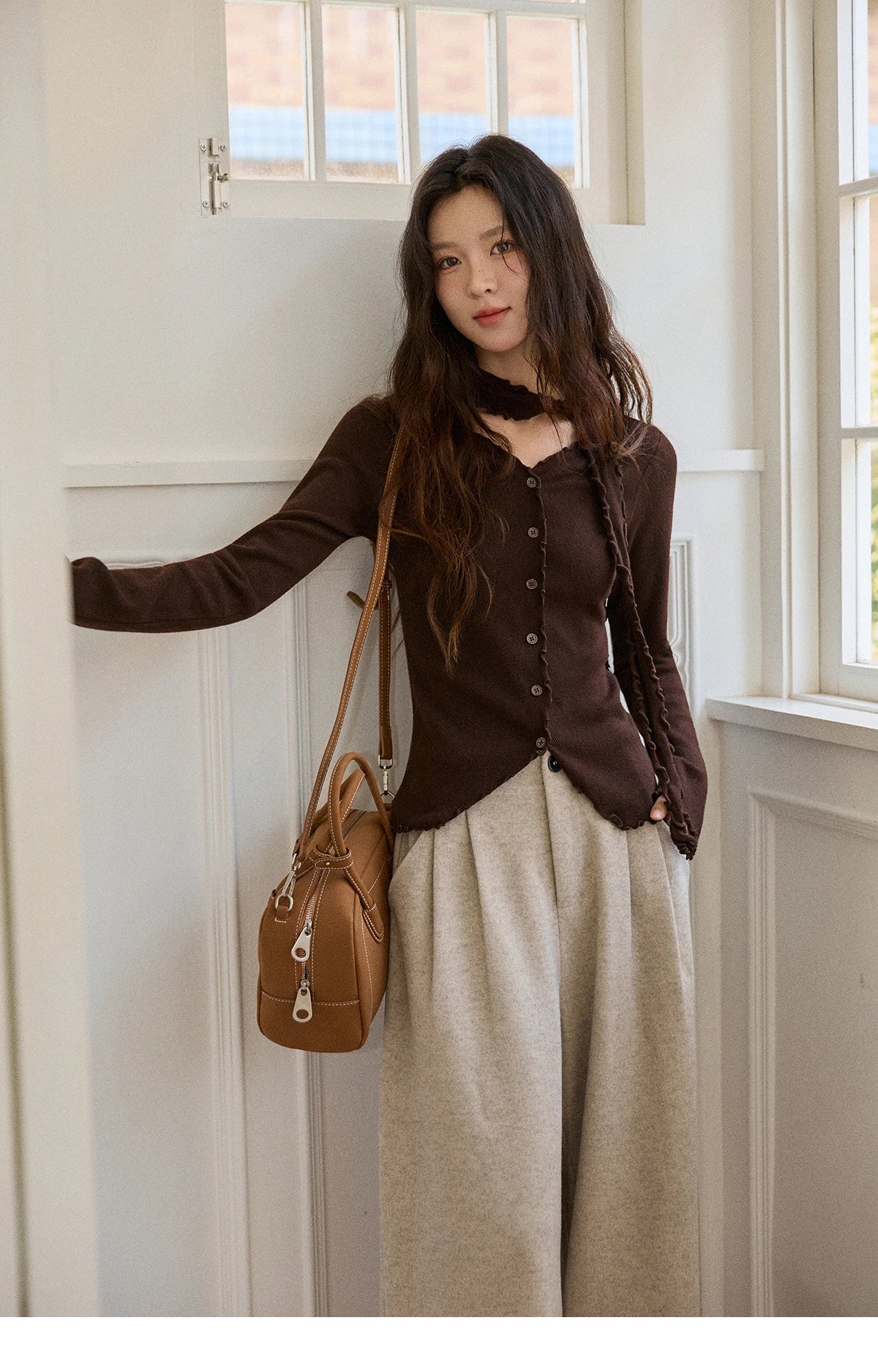 Mishow Ruffled Edge V-Neck Ribbon Knit Pullover MXE86Z2728