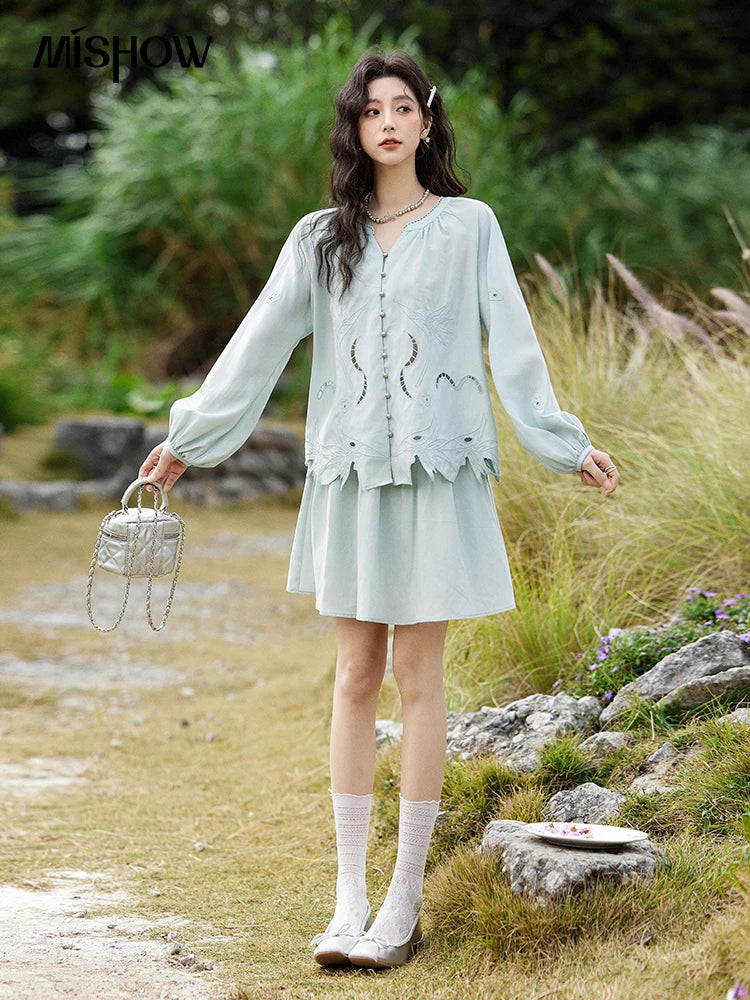 Mishow Vintage Hollow Embroidery Blouse & Solid A-Line Skirt Set MXE12T0455