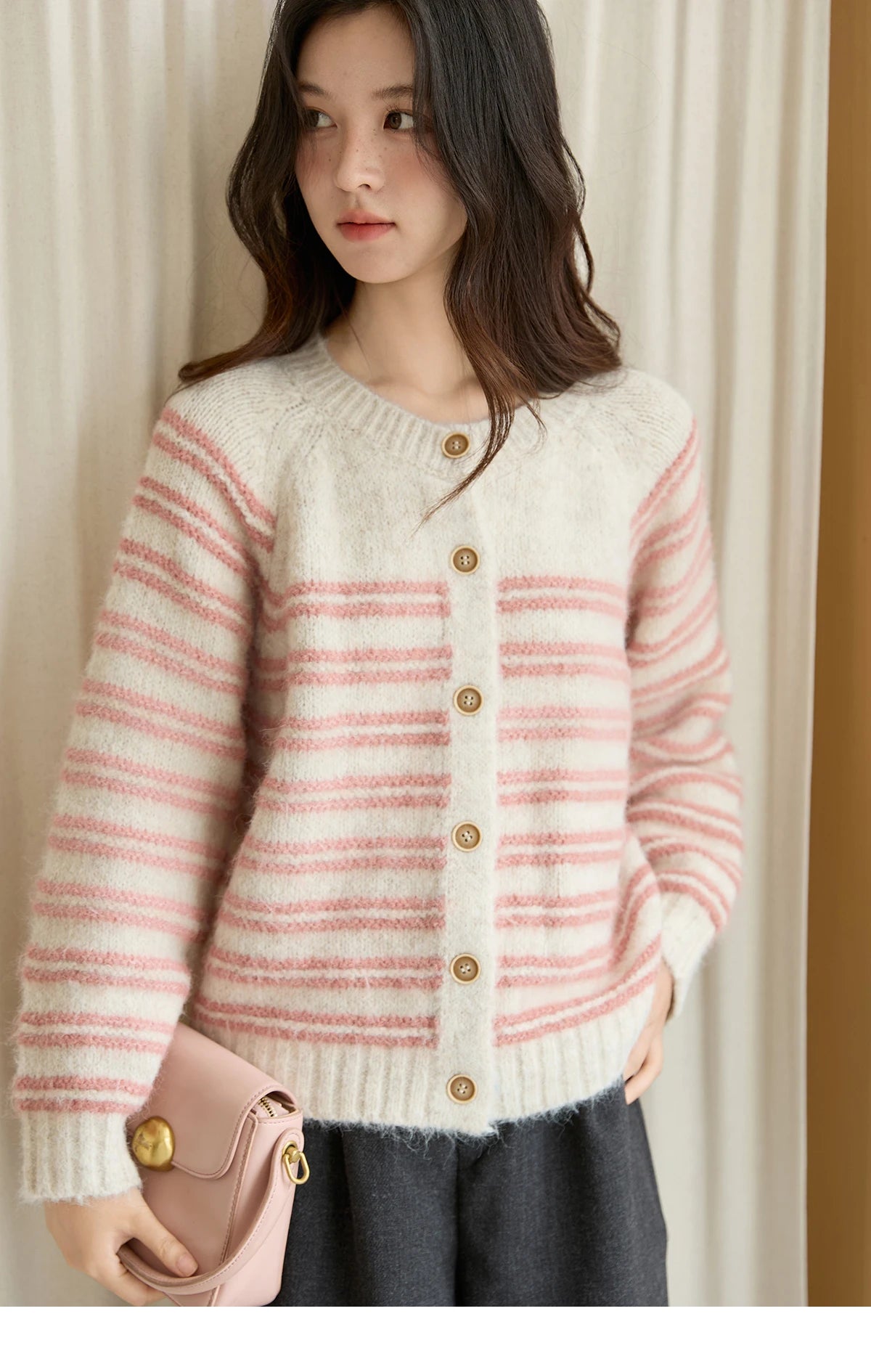 Mishow Pink Striped Wool Blend Cardigan MXE49Z2615