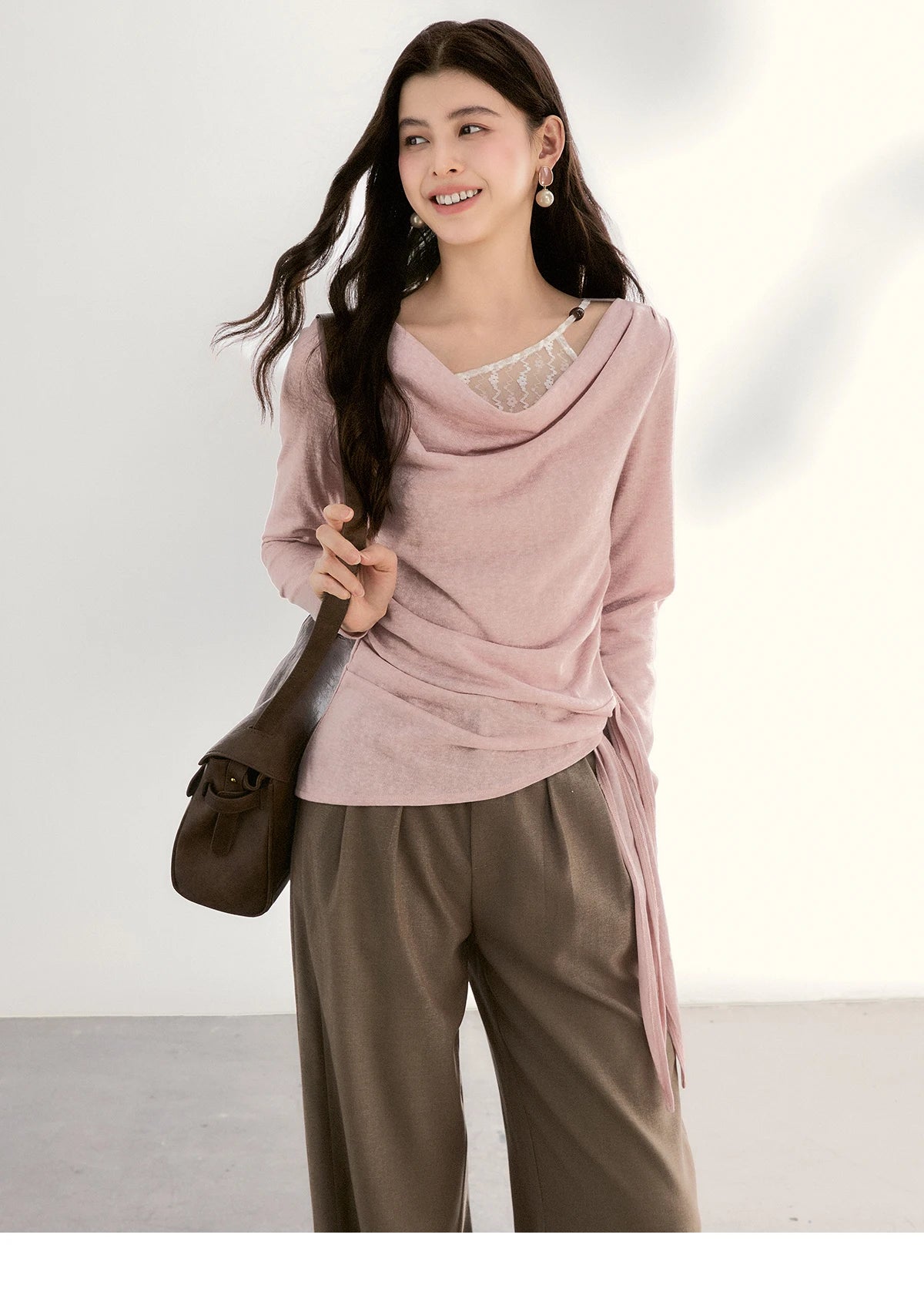 Mishow Lace Trim Draped Neck Side Tie Top MXF13Z2995