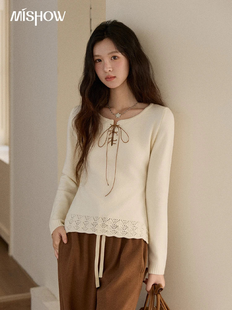 Mishow Beige Contrast French Hem Crochet Sweater MXE89Z2634