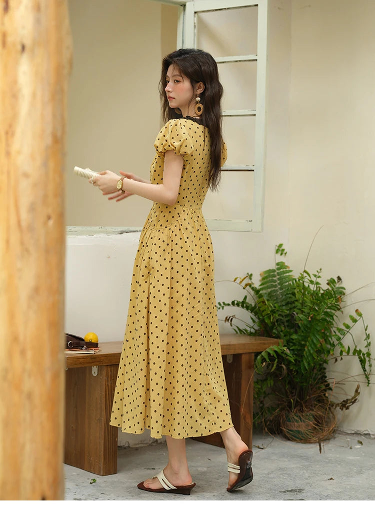 Mishow Polka Dot V-Neck Lace Up Puff Sleeve Dress MXE39L2326