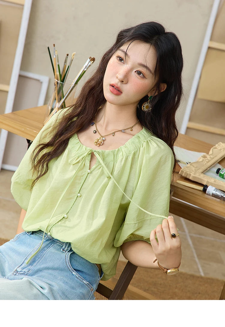 MISHOW Round Neck Blouse Lace Up Puff Sleeve MXE36X1875