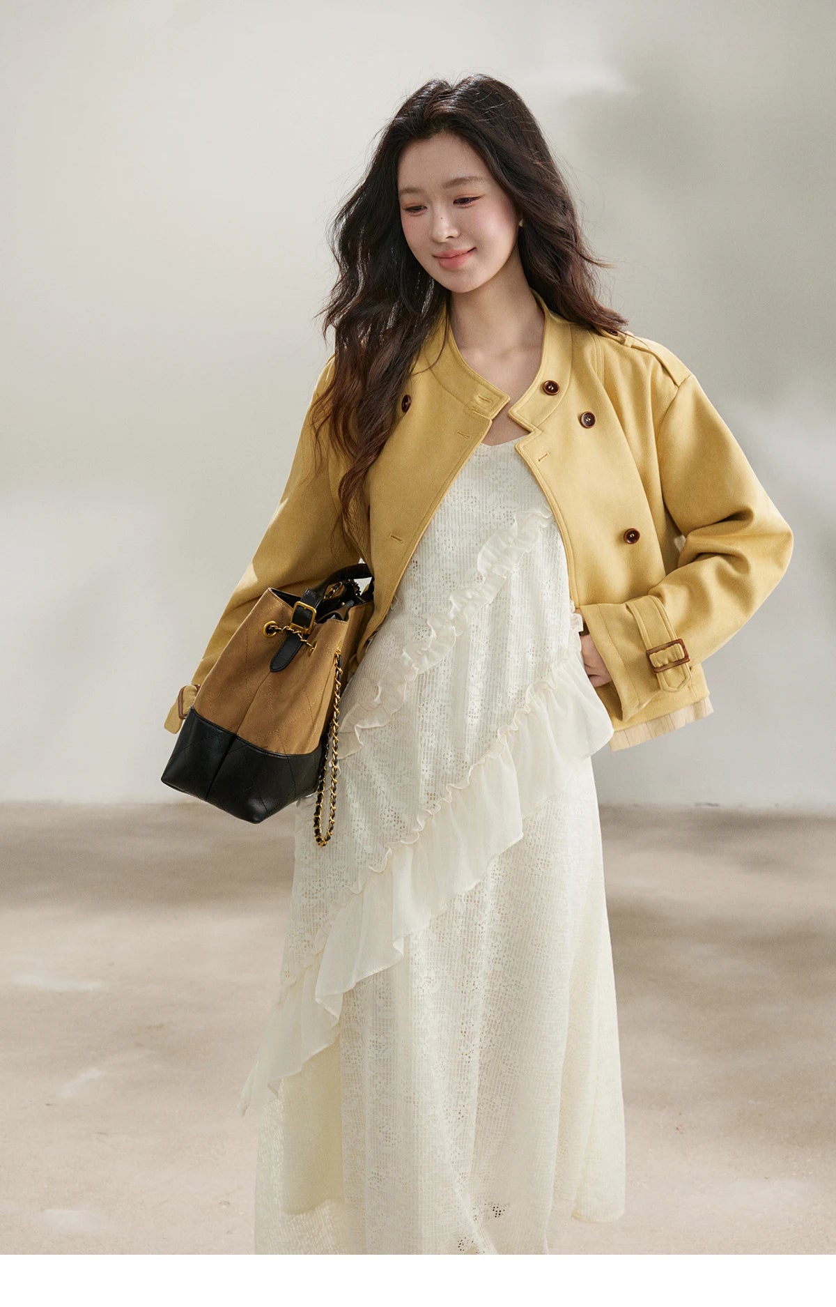 Mishow Yellow Double-Breasted Stand Collar Trench MXF11W1026