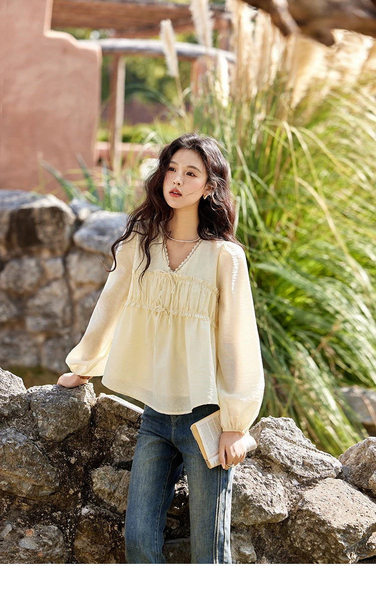 MISHOW Jacquard Lace V-Neck Blouse Ruffled Wavy Puff Sleeve MXE12C0397