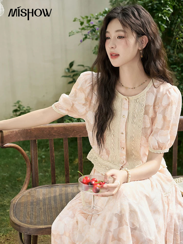 MISHOW French Embroidered Lace Bubble Sleeve Top & Elastic Waist Skirt Set MXD23X1428