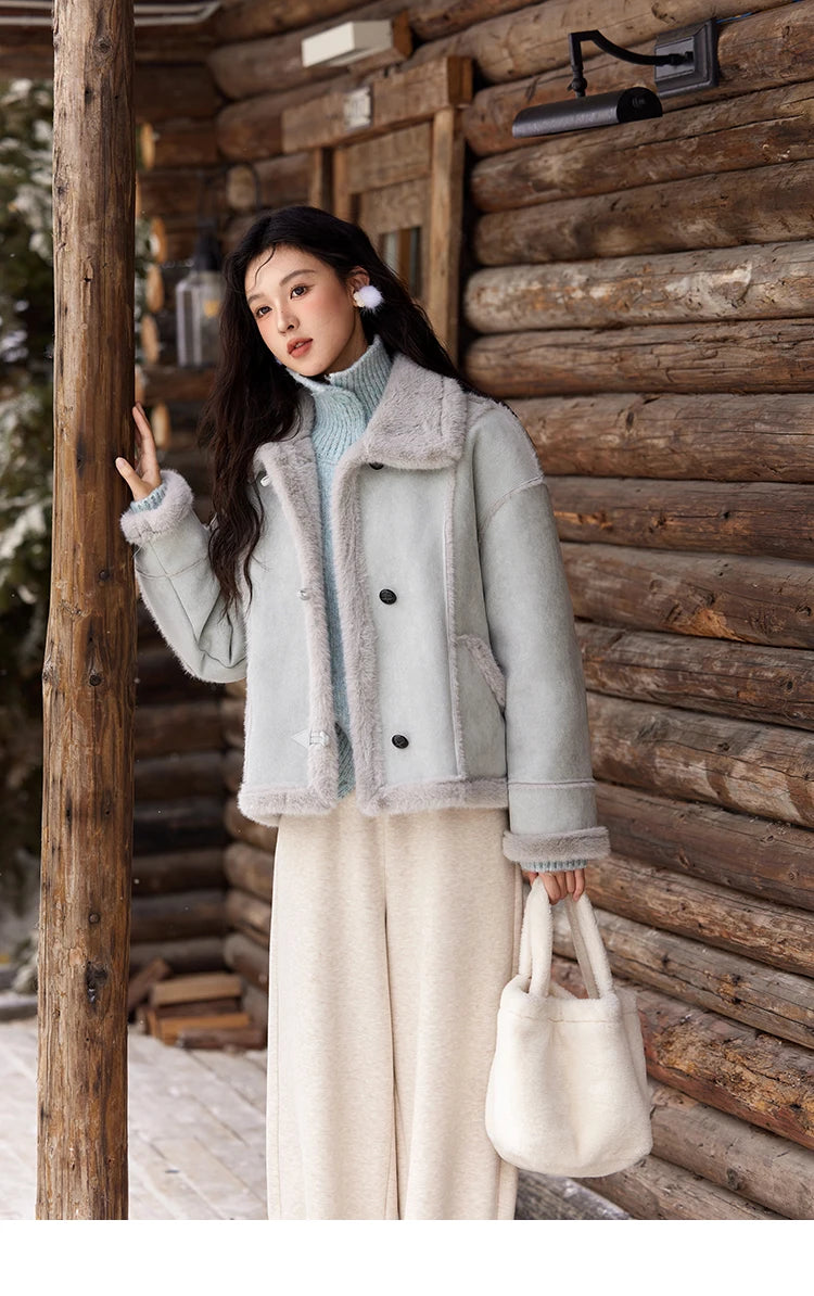 Mishow Suede Plush Fur Collar Jacket with Bag MXD57W0737