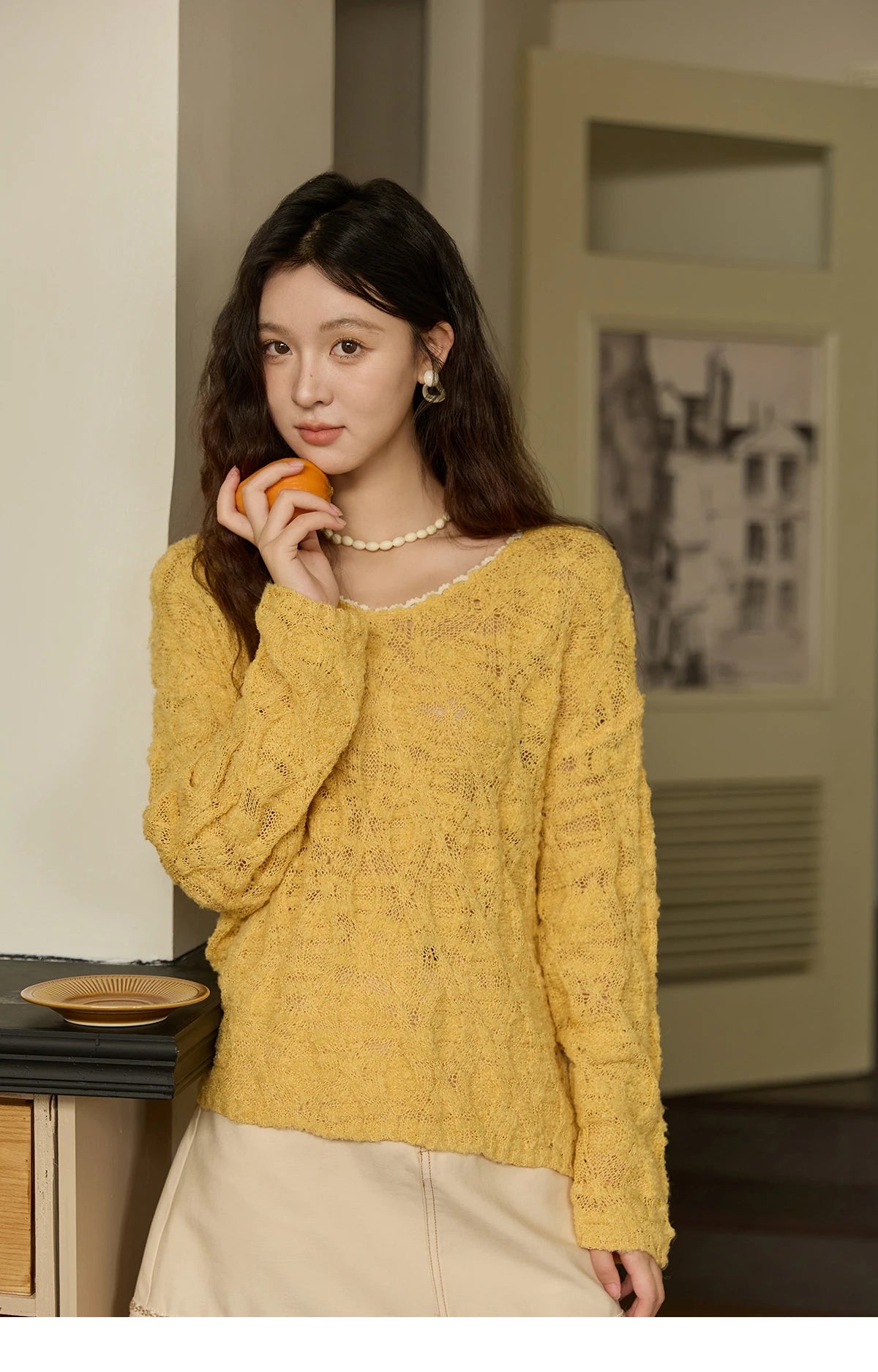 Mishow Bamboo Loop Yarn Hollow V-Neck Lace Sweater MXE43Z1349