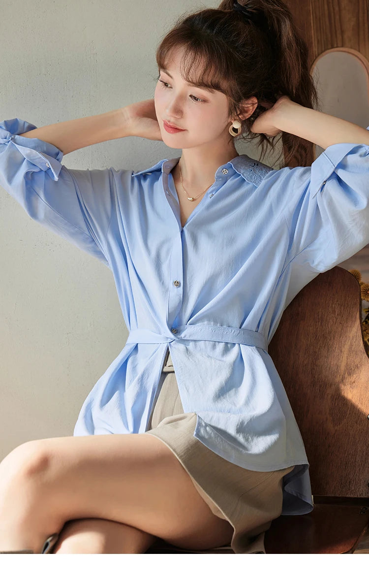 MISHOW Casual Loose Shirt Embroidery Hollowed Out Turn-Down Collar MXC41C0077