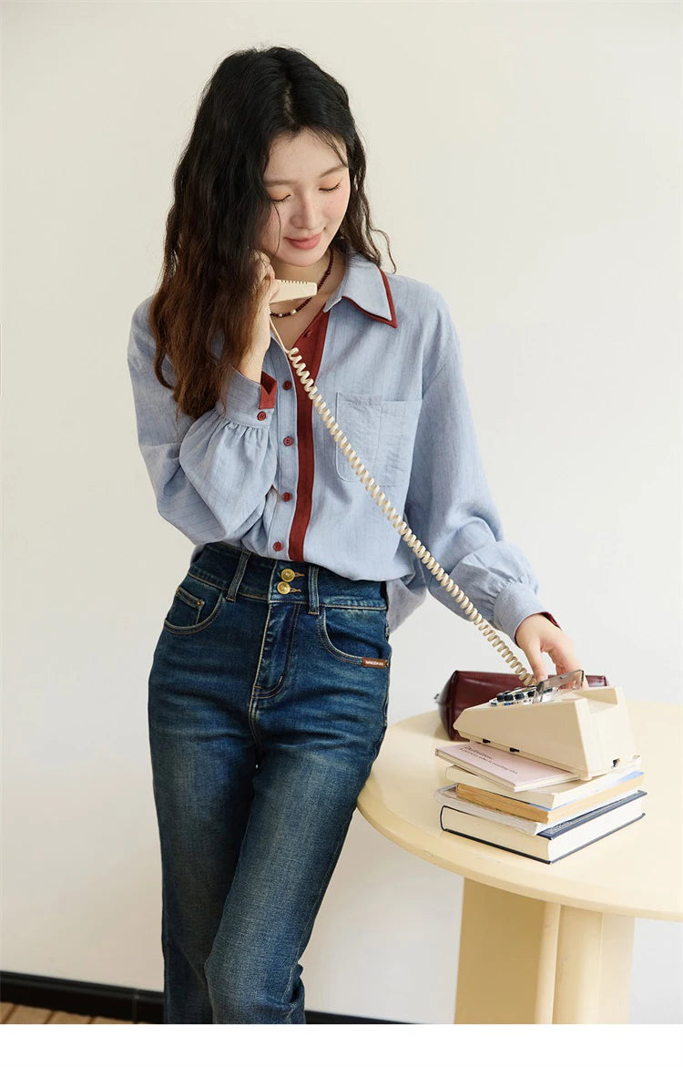 MISHOW Blue Red Striped Shirt Contrast Splicing Lapel MXE46C2405