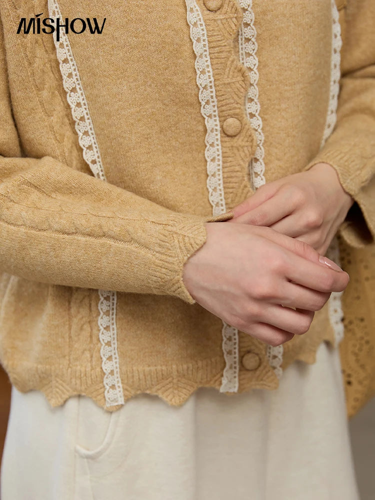 Mishow Yellow Lace Stitching Cable Knit Cardigan MXE51Z2546