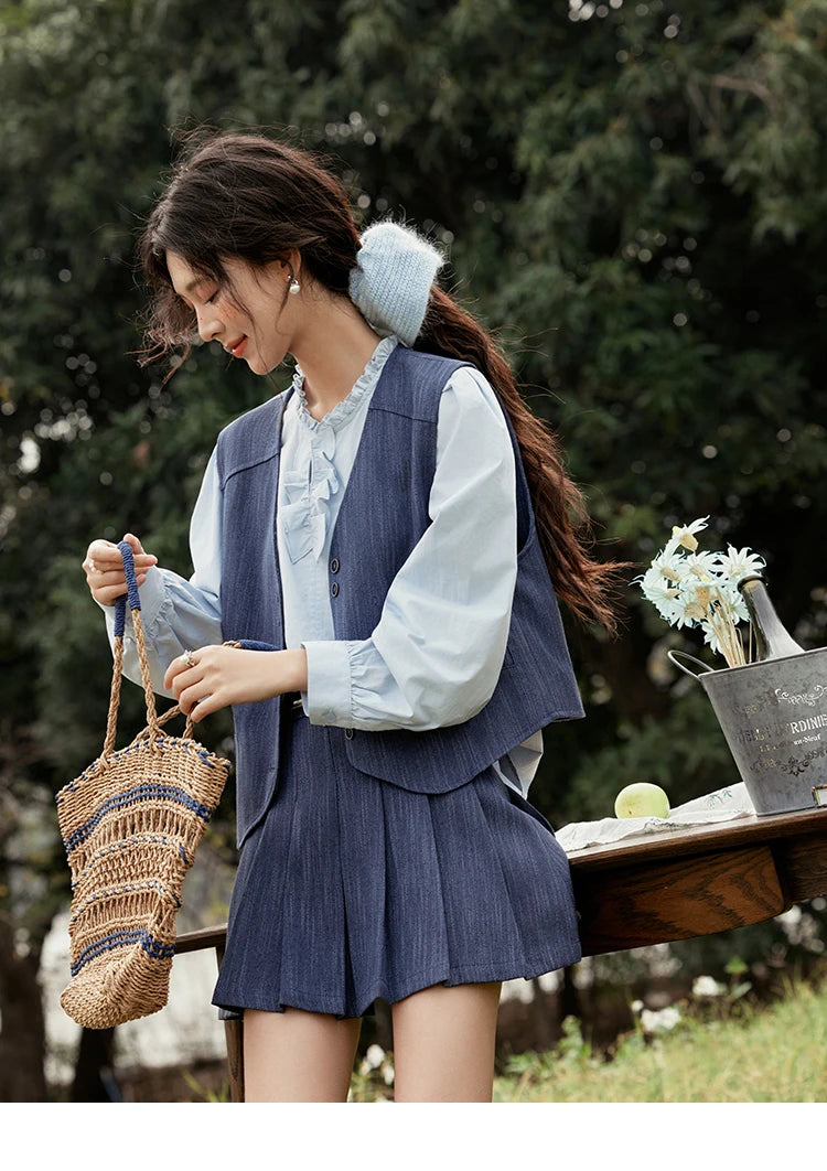 Mishow V-Neck Vest Coat & Pleated A-Line Skirt Set MXE31T0505
