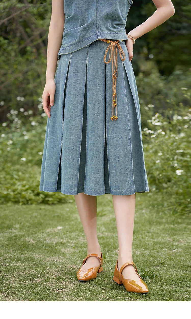 Mishow Chinese Stand Collar Vest & Pleated Denim Skirt Set MXD21X1465