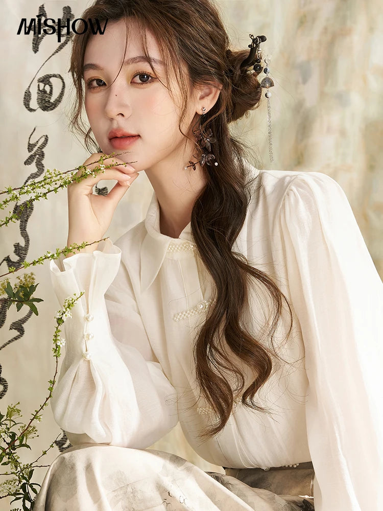 MISHOW Chinese Lapel Shirt Pearl Embellishments Petal Sleeve MXD11X1344