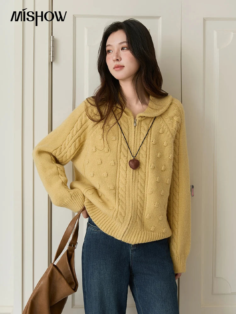Mishow Yellow Zipper Turn-Down Collar Cardigan MXE49Z2619