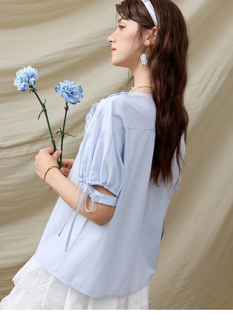MISHOW Solid V-Neck Blouse Embroidered Loose Short Sleeve MXE31X1774
