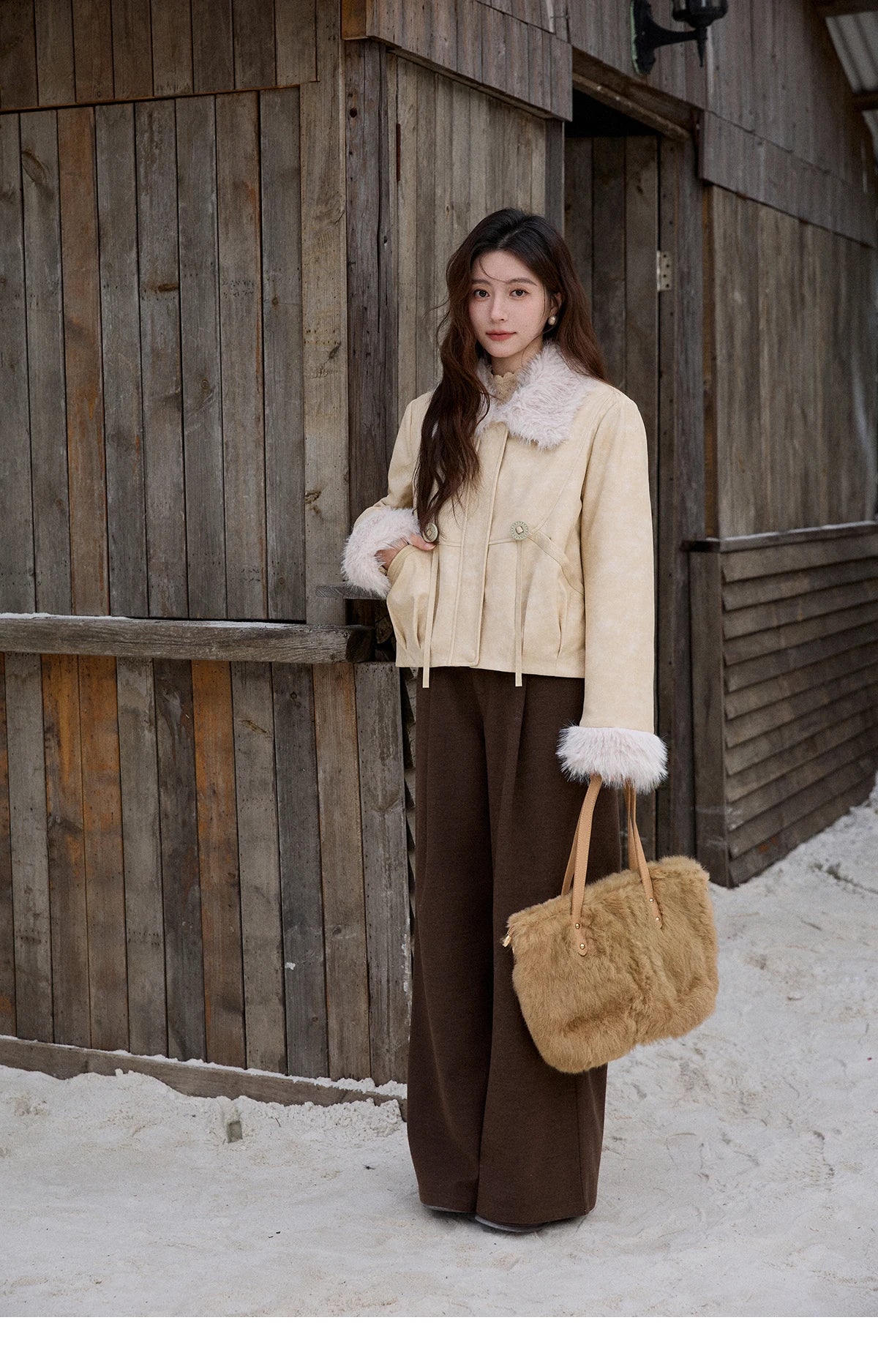 Mishow Apricot Suede Plush Collar Jacket MXE91W0987