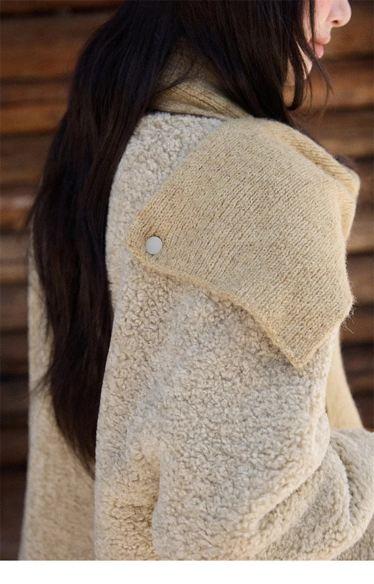 Mishow Plaid Patchwork Lamb Wool Round Neck Coat MXE90W0923