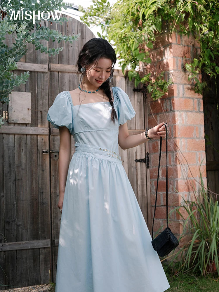 Mishow Square Neck Puff Sleeve Double Belt Dress MXE34L2222