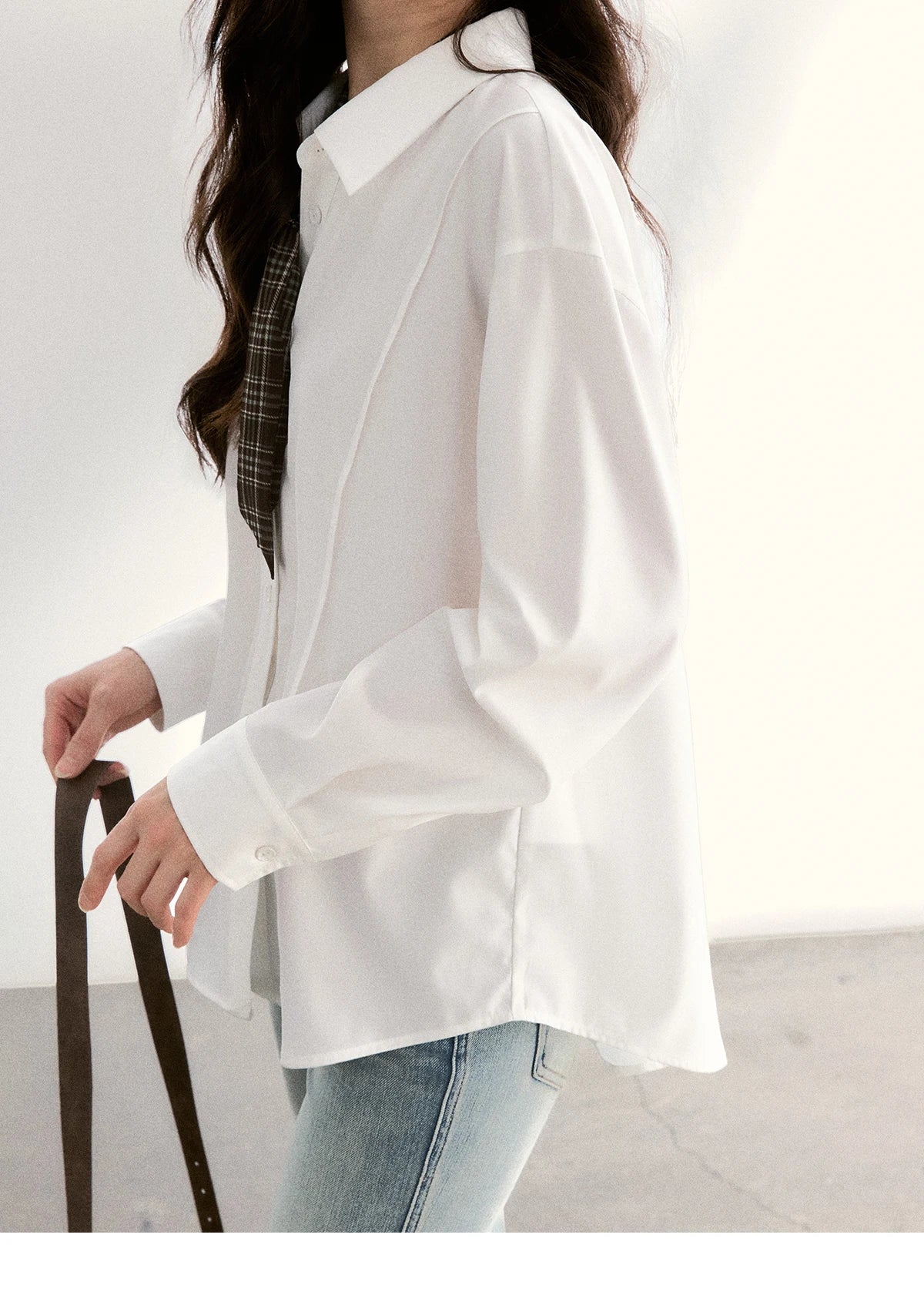 MISHOW Casual Loose Shirt with Plaid Scarf Lapel Top MXF108C0815