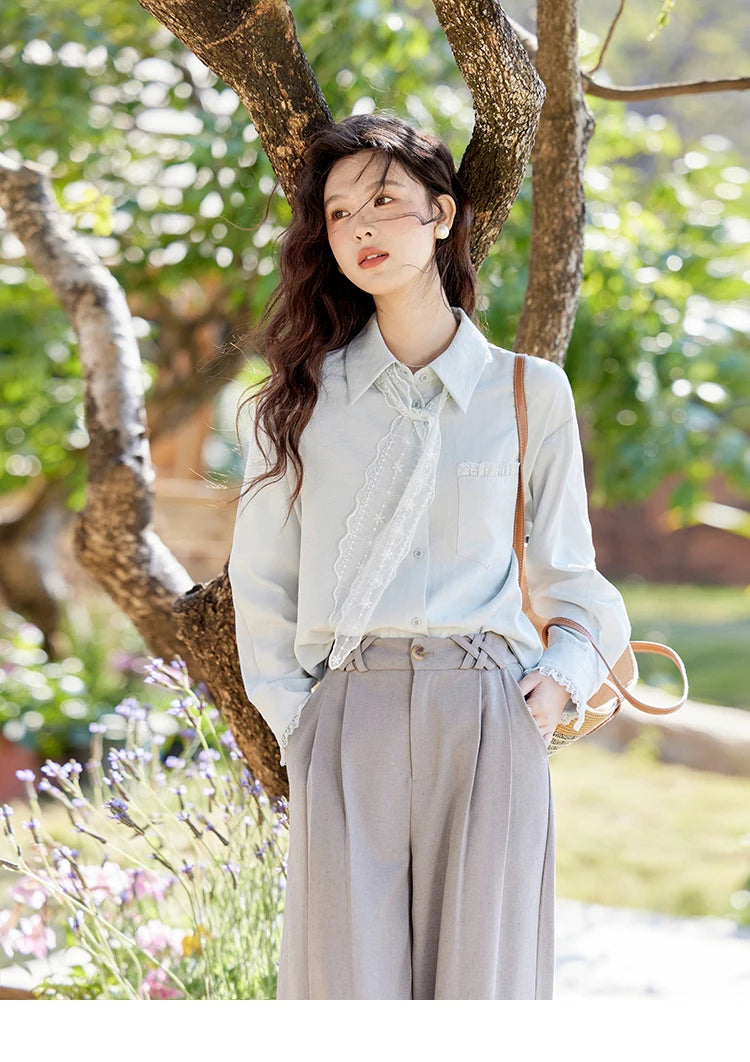 MISHOW Lace Trim Blouse Turn-Down Collar MXE16C0760