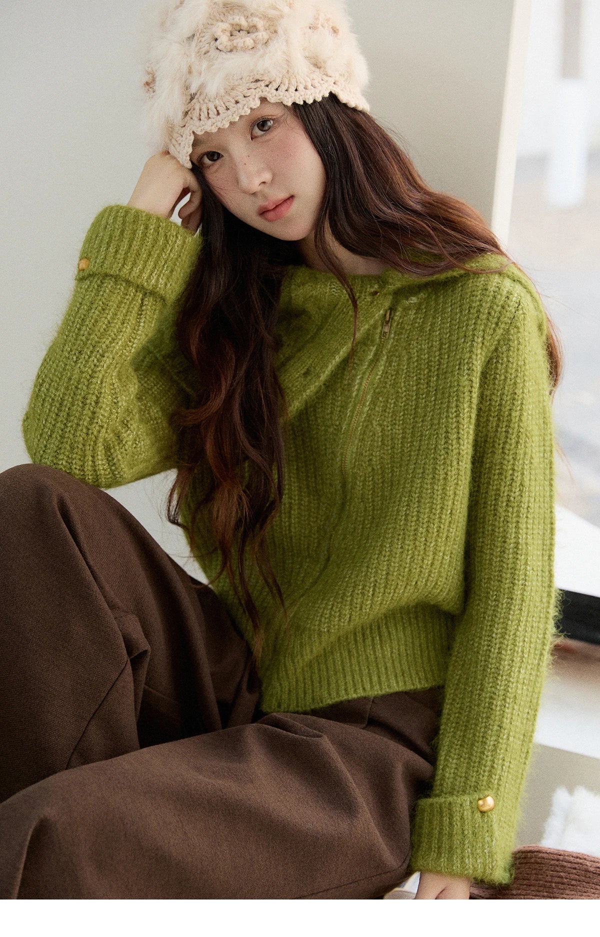 Mishow Green Wool Blend Long-Pile Large Lapel Pullover MXE90Z2760